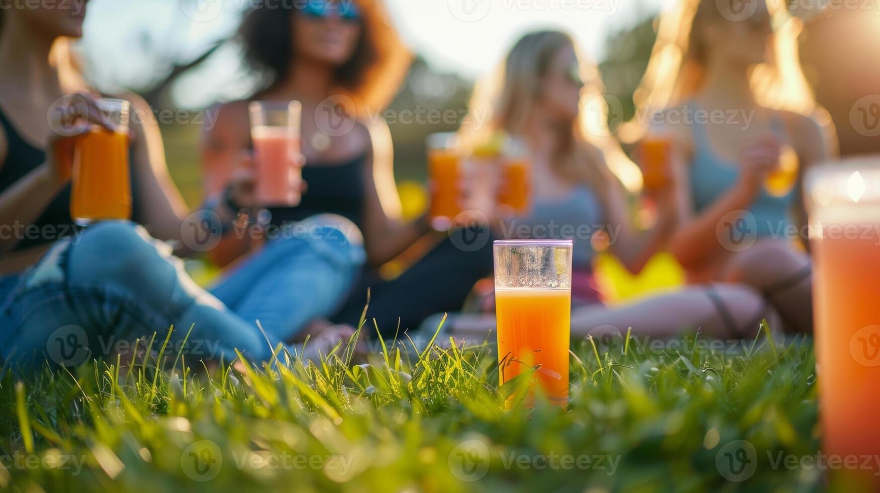 uma grupo do pessoas desfrutando uma pós-treino esticam em uma gramíneo campo com óculos do fresco suco dentro mão foto