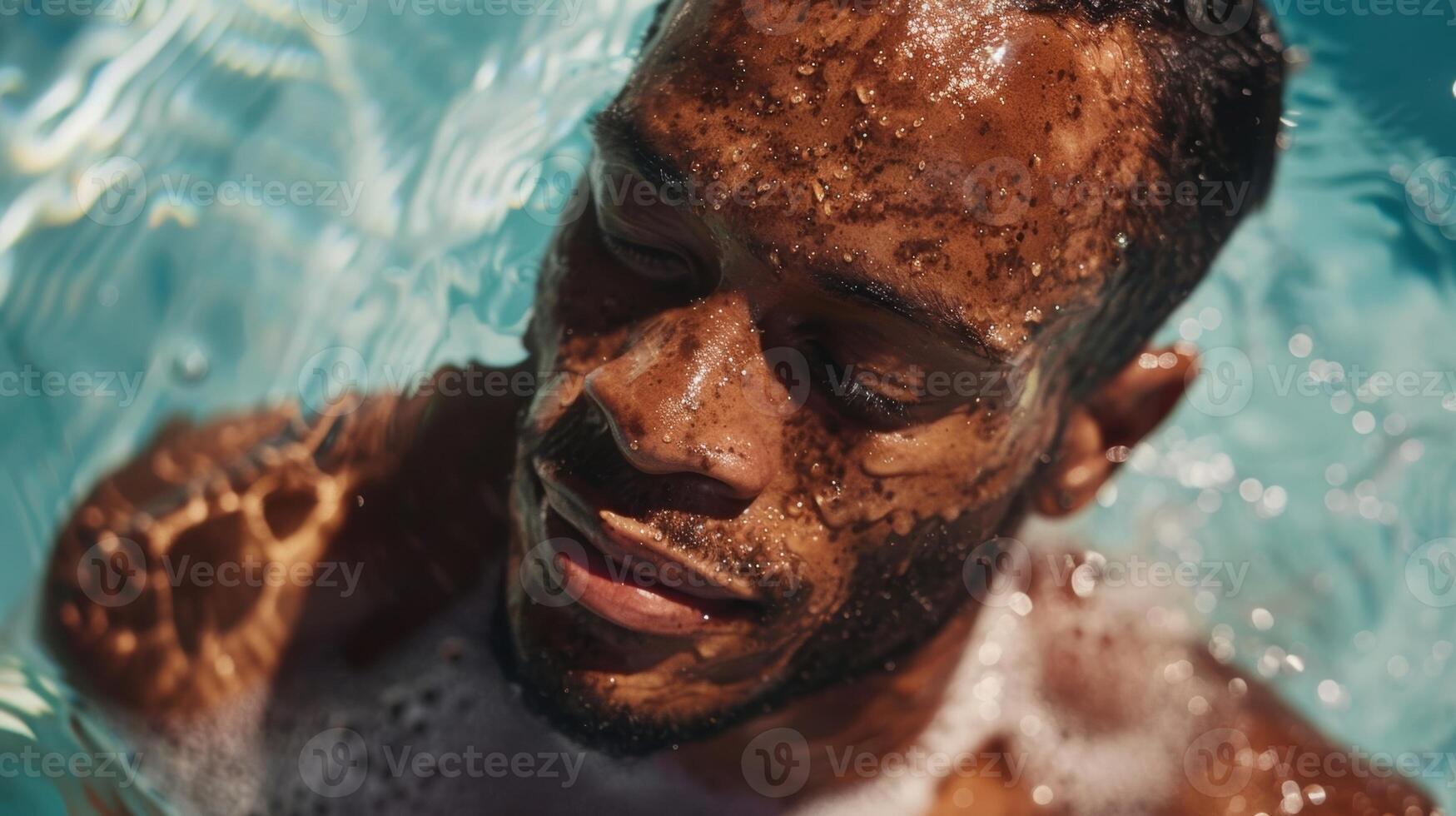 a íntimo tiro do uma homem com vitiligo encharcado dentro a Sol enquanto orgulhosamente mostrando fora dele natural pele dentro uma campanha a comemorar diversidade e todos formulários do beleza foto