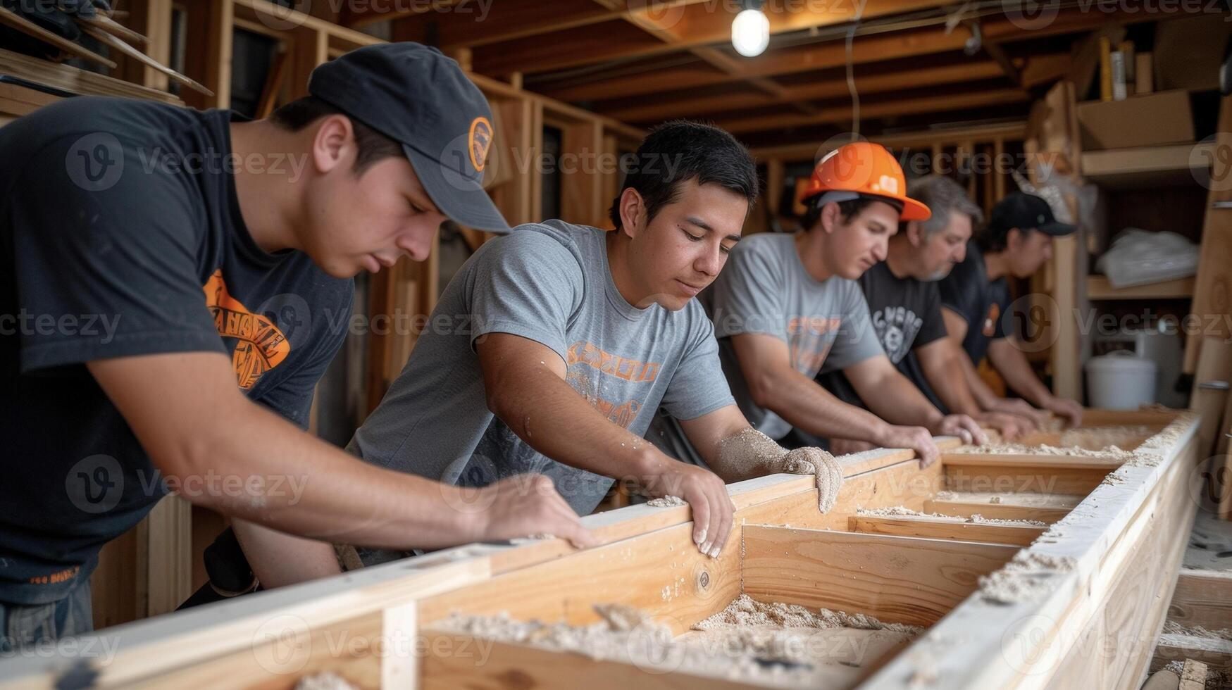 uma fotografia do uma grupo do artesãos trabalhando juntos para cuidadosamente instalar e terminar personalizado armários dentro uma casa renovação exibindo a colaborativo esforço e expertis foto