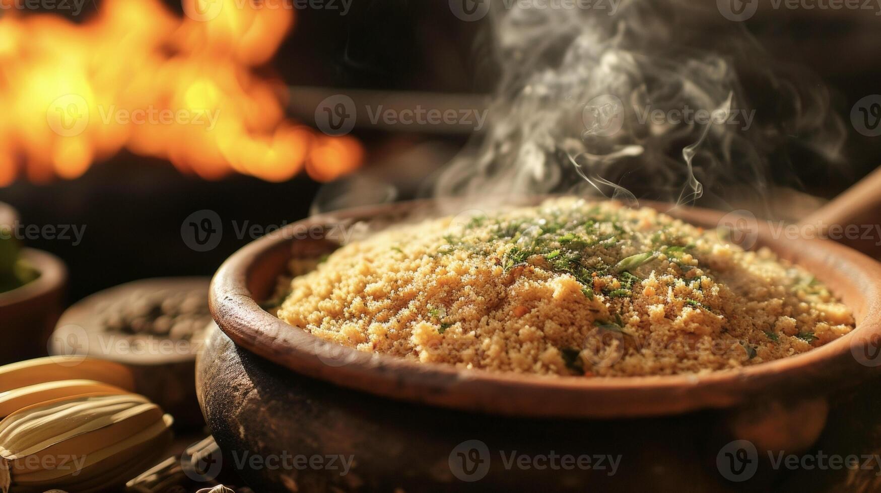 uma de dar água na boca tigela do farofa pega a olho com Está mistura do crocante mandioca farinha e saboroso temperos combinando para crio uma unicamente brasileiro prato. a fumegante foto