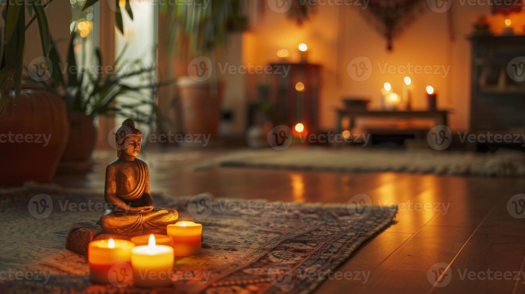 Como a velas queimar baixo a quarto é preenchidas com uma pacífico energia convidativo você para manter seu mente ainda e seu respiração firme dentro isto sereno meditação espaço. 2d plano desenho animado foto