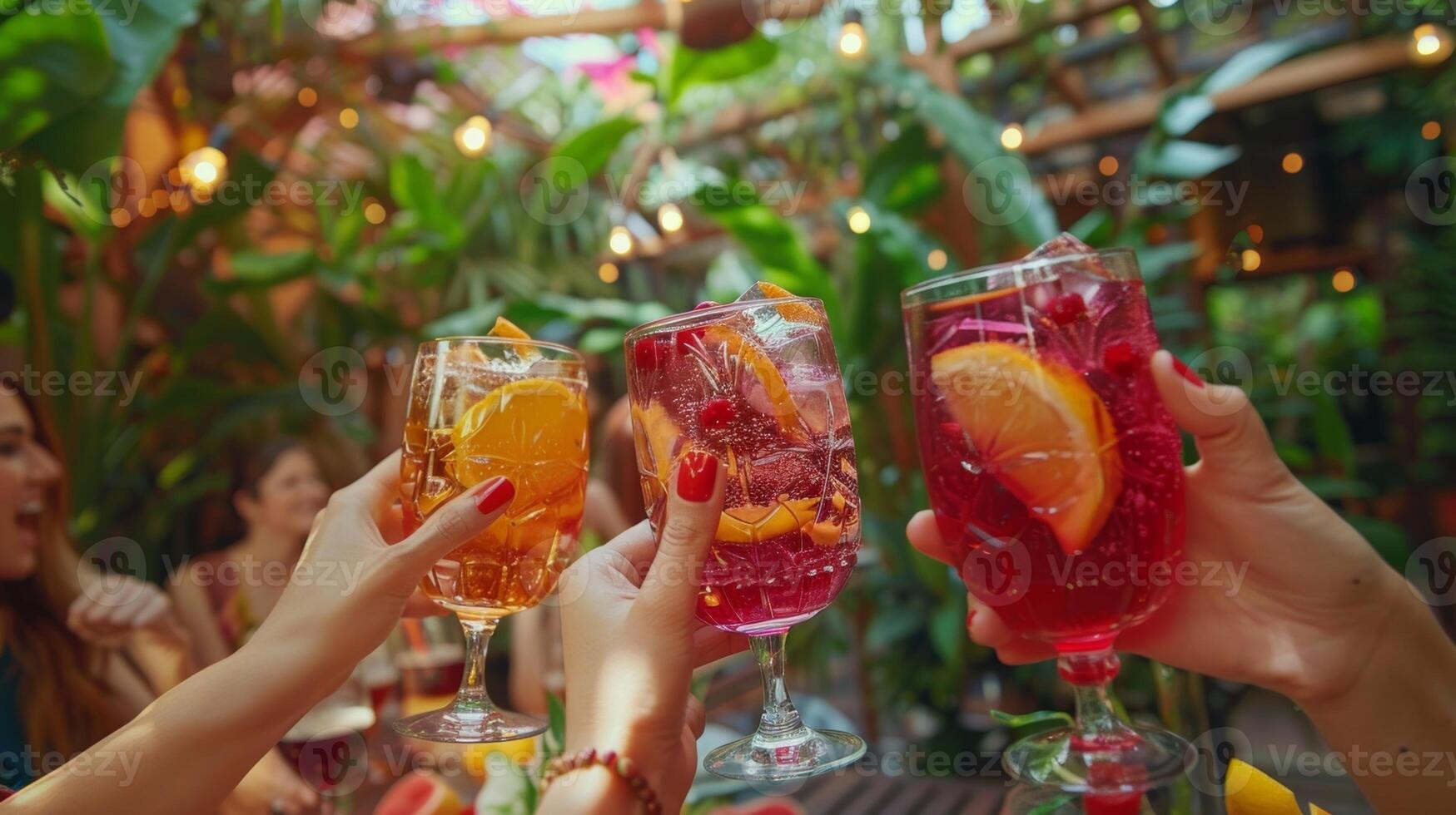 uma grupo do amigos sentado dentro uma exuberante jardim bebericando em colorida óculos do refrescante sangria foto