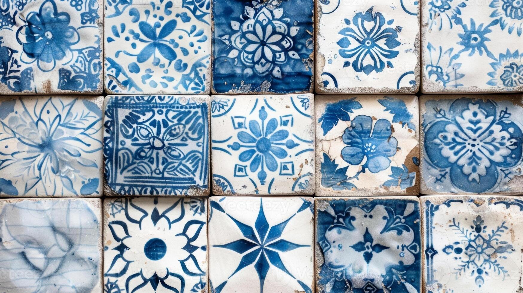 uma Series do cerâmico azulejos decorado com simples ainda intrincado padrões dentro vários tons do sob o vidrado azul. foto