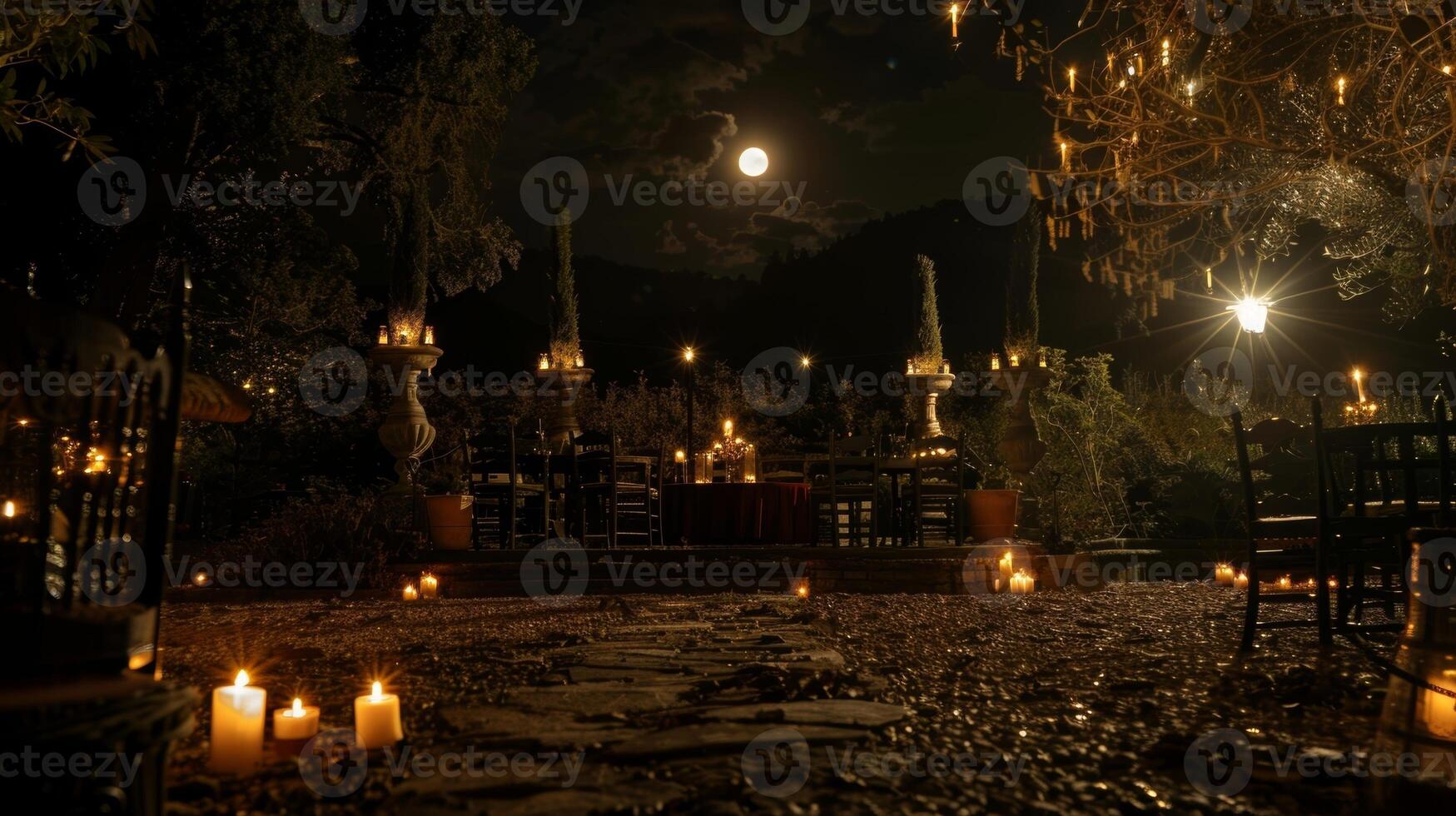 Como a noite vestiu em a velas queimado mais baixo criando uma caloroso e íntimo atmosfera Como a lua contínuo para Assistir sobre a Festa. 2d plano desenho animado foto