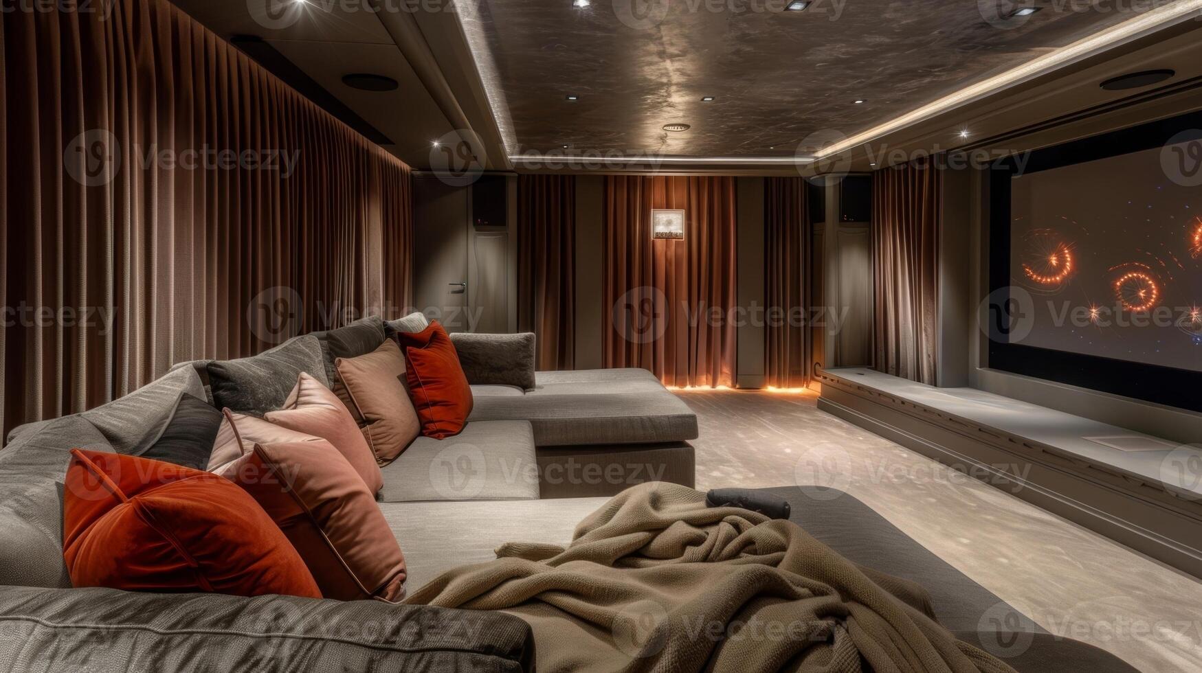 uma pessoal cinema quarto completo com uma personalizadas casa teatro sistema projetado para a final filme lustre foto