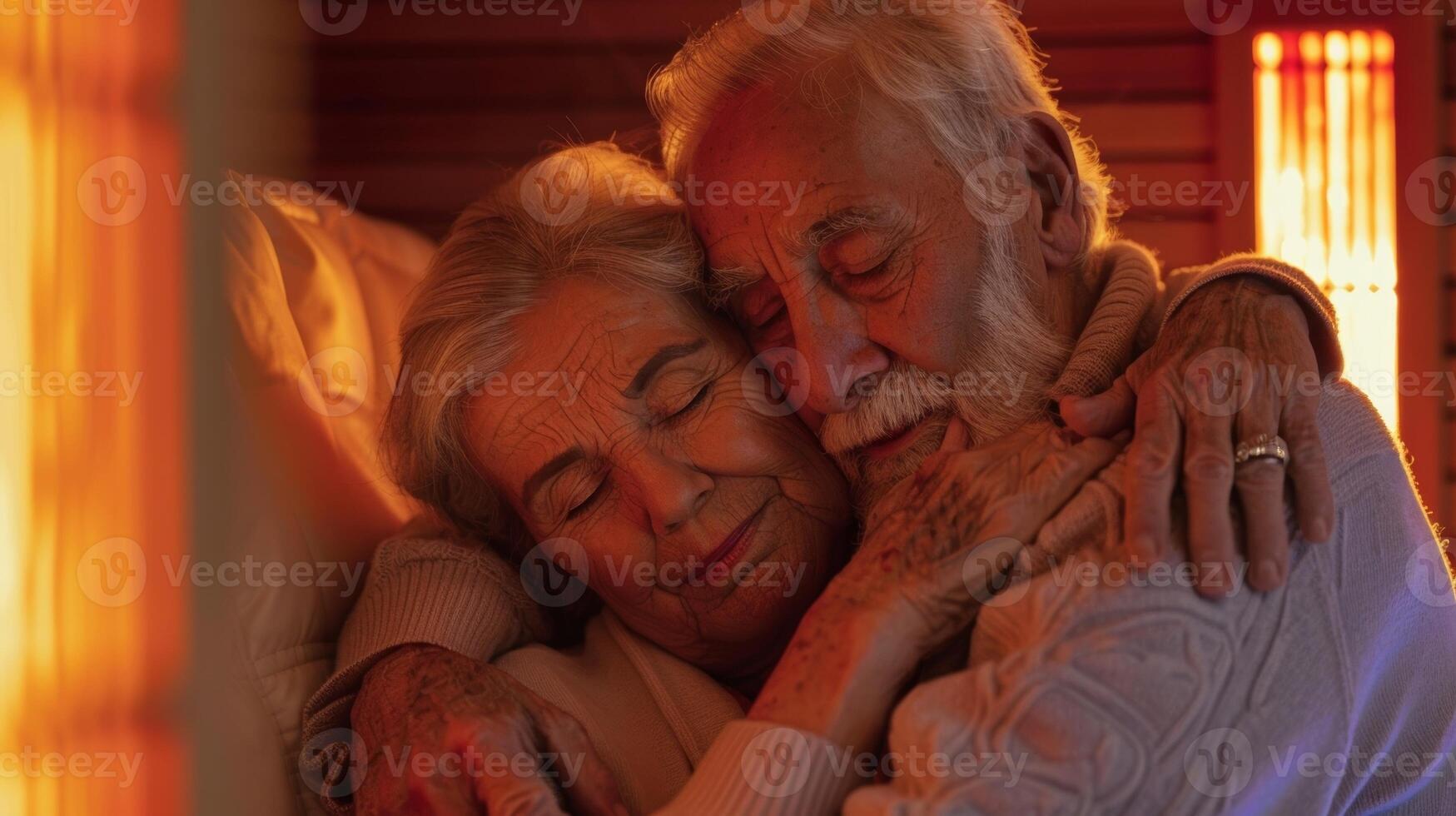 uma Senior casal acariciado acima juntos dentro a infravermelho sauna achando doce alívio e relaxamento a partir de seus artrite dor. foto