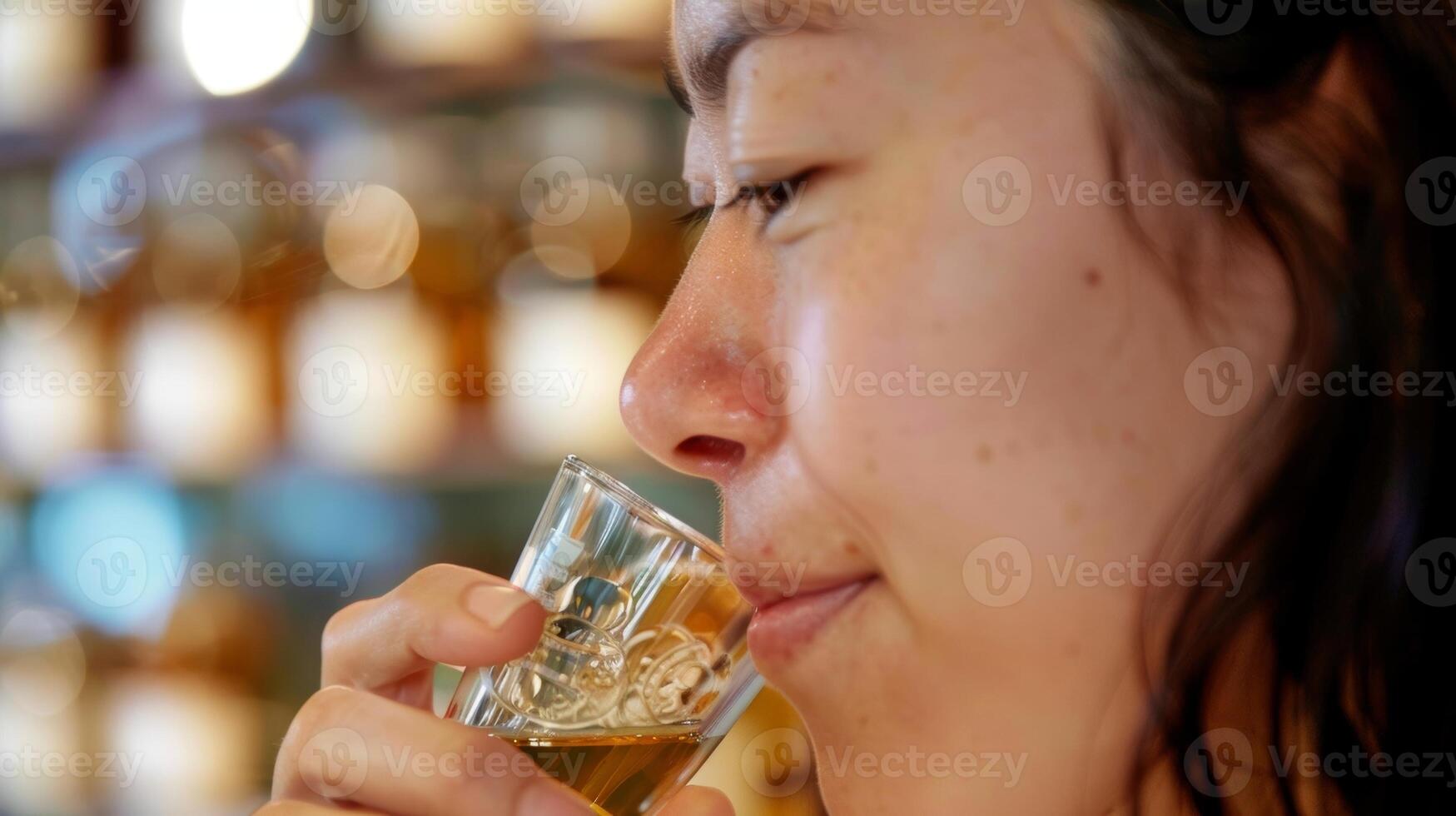 uma cliente degustação uma amostra do uma Novo mistura seus olhos fechamento dentro deleite às a complexo e único sabores foto