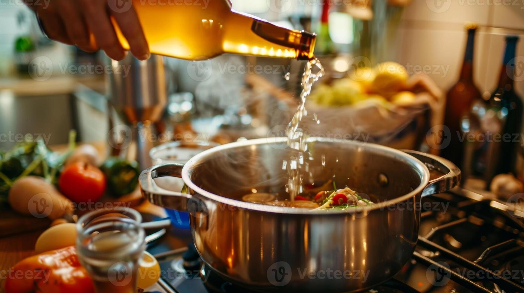 uma pessoa derramando uma Cerveja garrafa para dentro uma Panela em a fogão enquanto preparando uma saboroso não alcoólico beber para uma feriado jantar festa foto