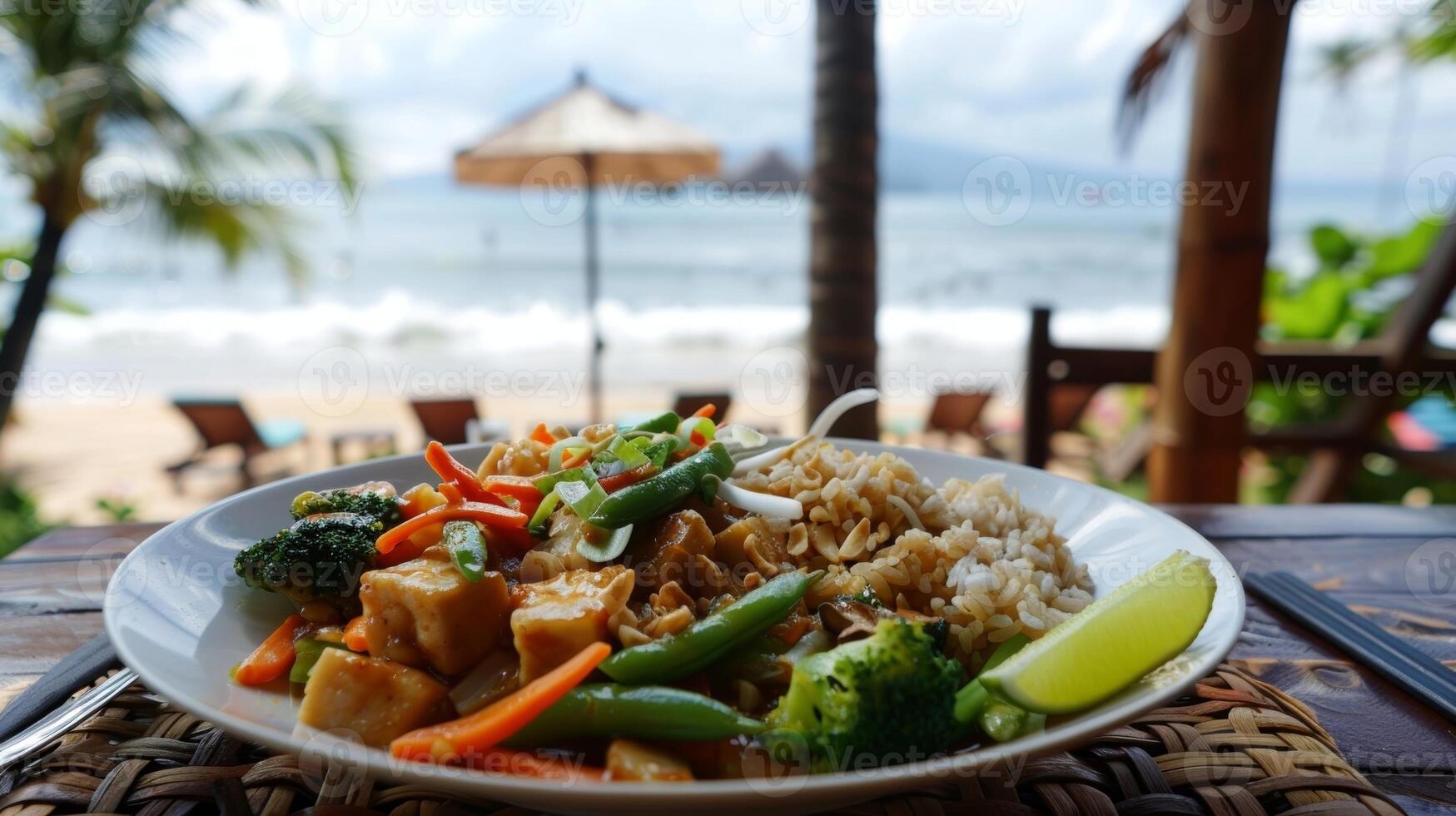 Como a ondas suavemente batida contra a costa a a Principal prato é trouxe Fora uma forte vegetal e tempeh mexer fritar usando sazonal produzir a partir de a perto orgânico Fazenda foto