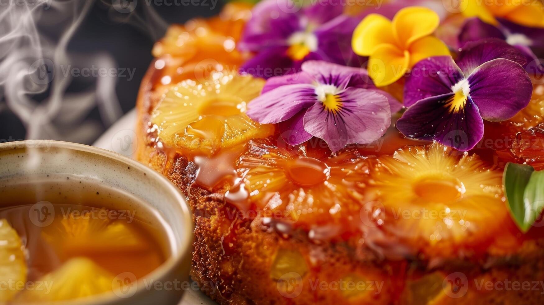uma inspiração tropical bolo adornado com brilhante comestível flores e coberto com uma abacaxi Esmalte servido ao lado uma vapor Panela do tropical chá foto