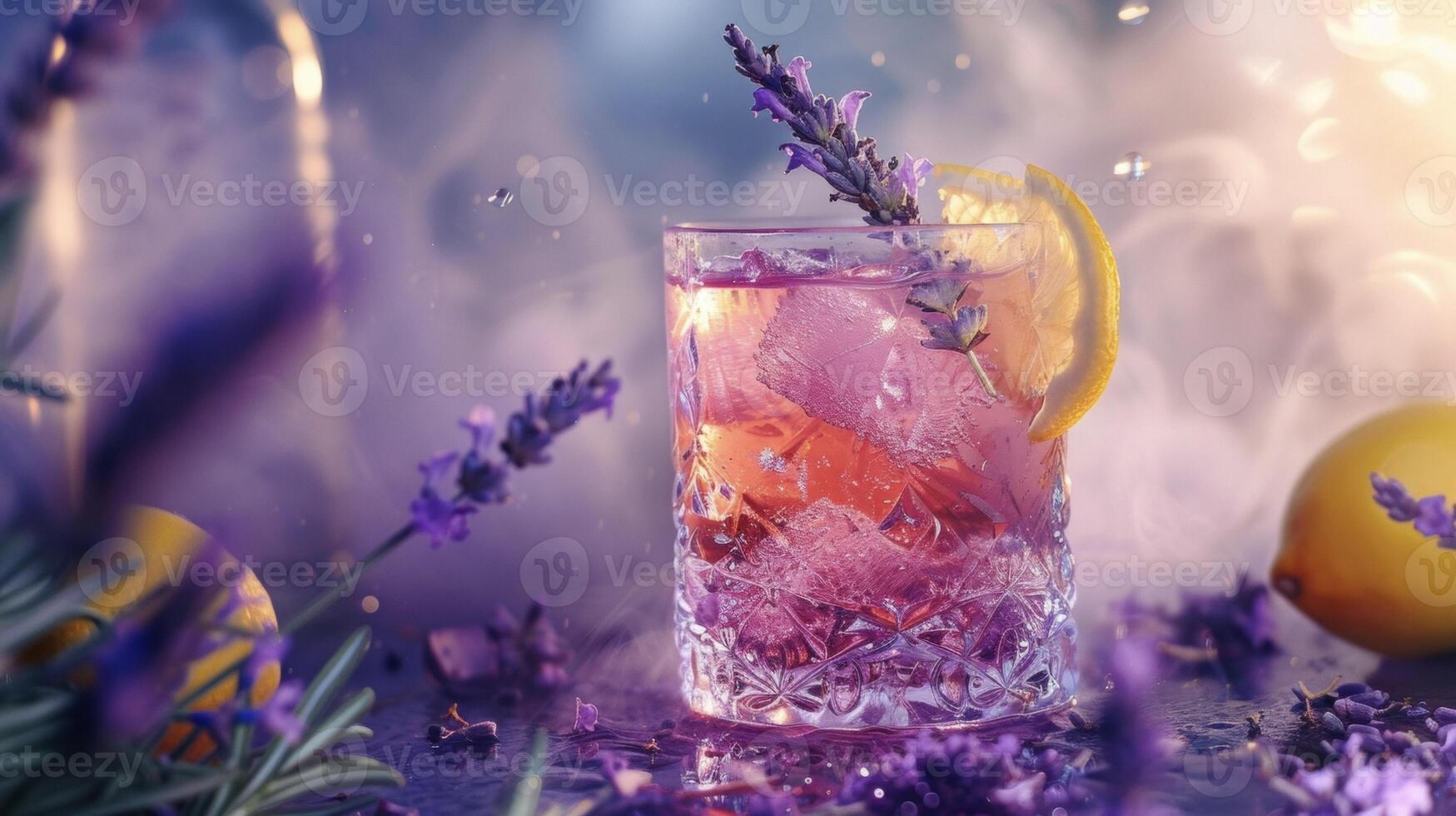 trago em uma legal com infusão de lavanda limonada Como você maravilha às a hipnotizante vista do uma ardente lavanda raminho foto