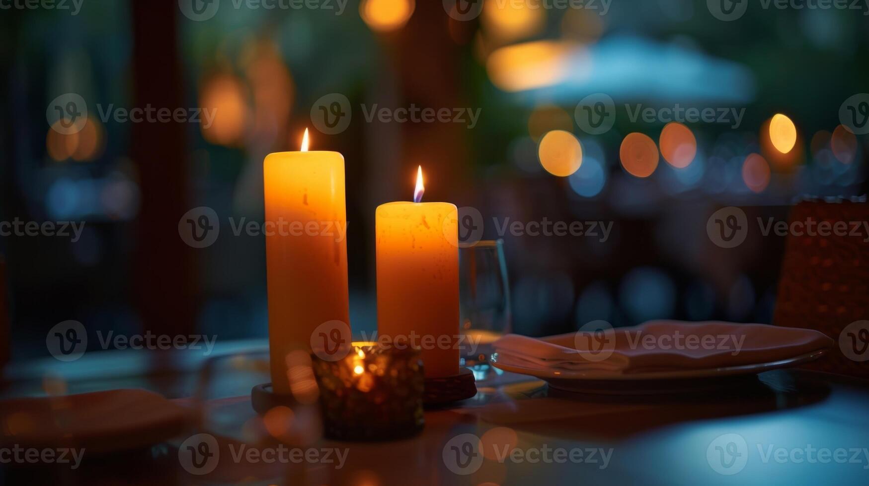 Como a noite vestiu em a velas queimado baixo fundição uma escuro romântico ambiente sobre a concorrência. 2d plano desenho animado foto