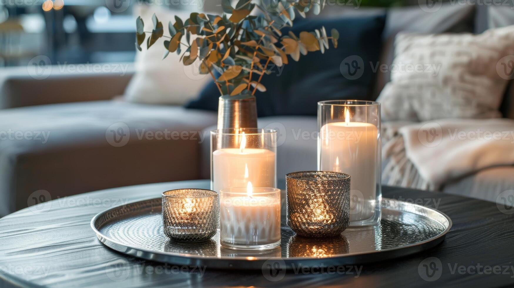 uma chique exibição do velas em uma metálico bandeja acrescenta uma toque do glamour para a moderno vivo quarto criando uma à moda focal ponto. 2d plano desenho animado foto