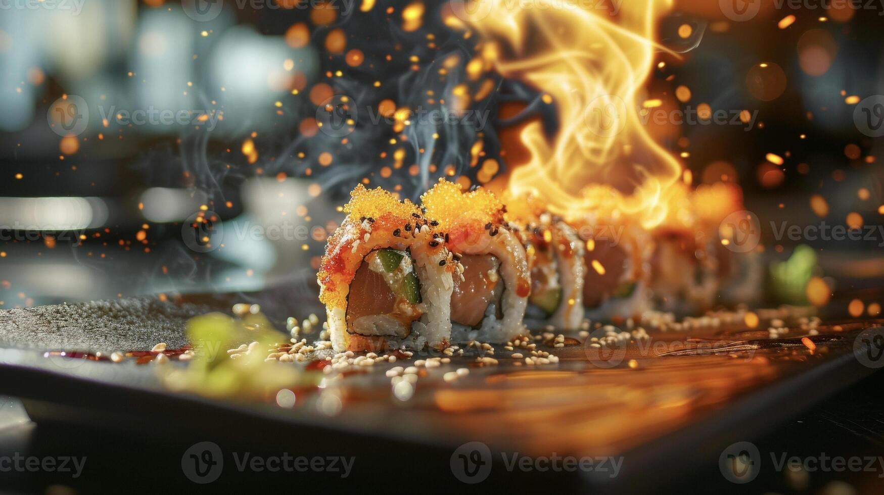 vibrante e saboroso Sushi rolos acompanhado de uma hipnotizante pano de fundo do dançando fogo garantindo uma jantar experiência este vai acender seu gosto brotos foto