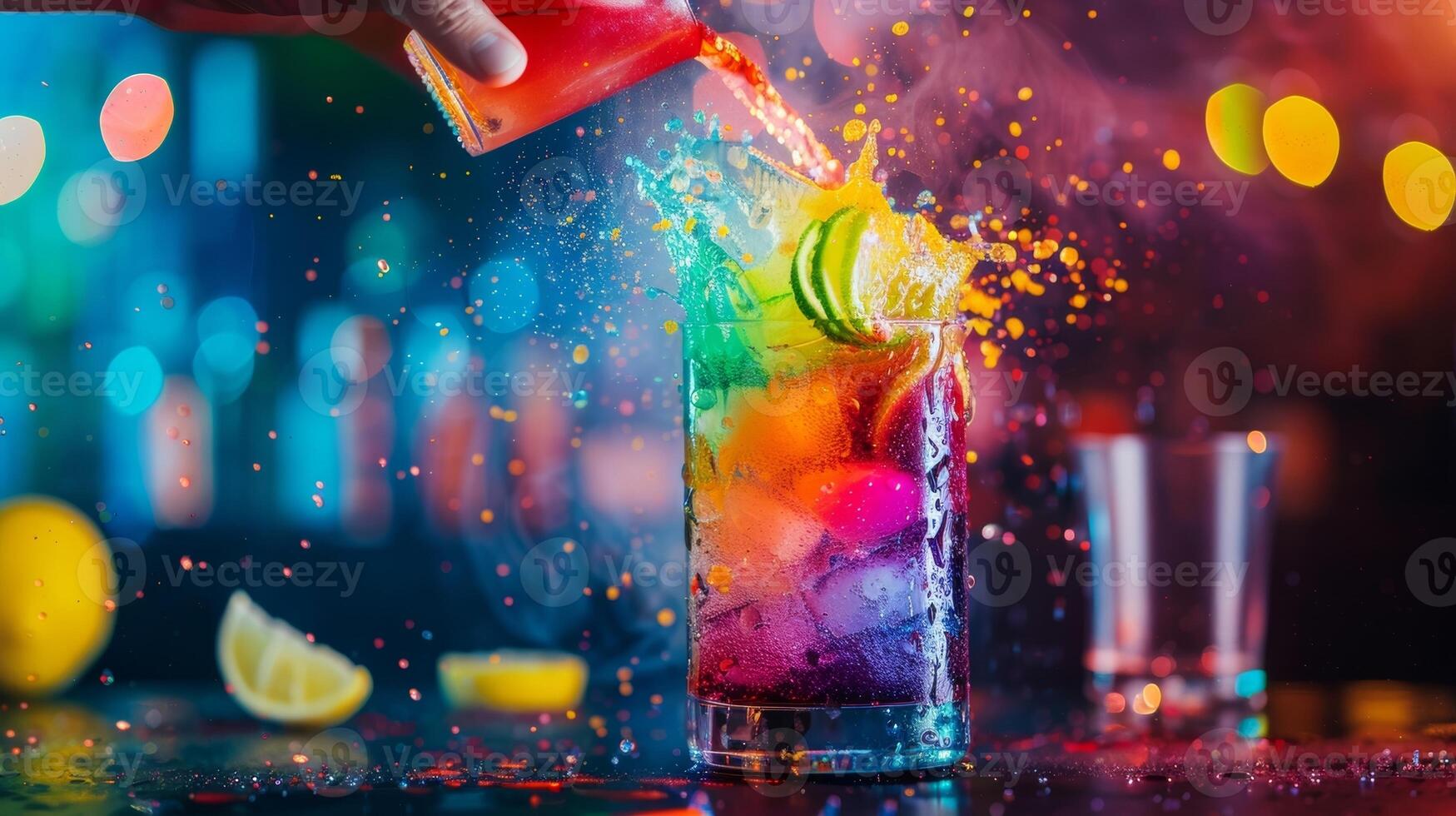 a público relógios dentro espanto Como a mágico habilmente misturas ingredientes dentro uma agitador e derrama Fora colorida mocktails este parecer para aparecer Fora do fino ar foto