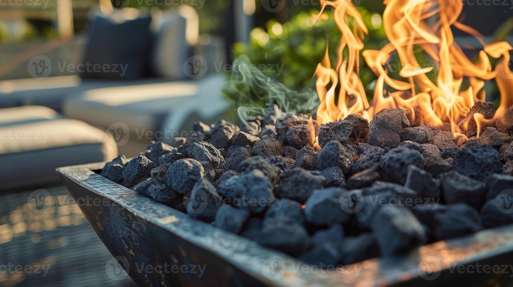 a ar livre fogo Cova com uma construídas em gás queimador oferta calor e ambiente sem a problema do madeira. 2d plano desenho animado foto