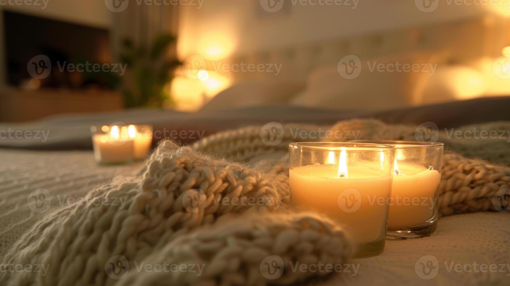a □ Gentil calor do a velas convida você para ondulação acima dentro a pelúcia cama e relaxar. 2d plano desenho animado foto