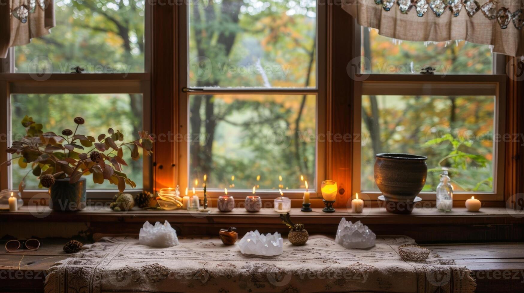 uma baixo mesa adornado com velas e cristais carrinhos dentro frente do uma ampla janela fornecendo uma sereno Visão para contemplação. 2d plano desenho animado foto