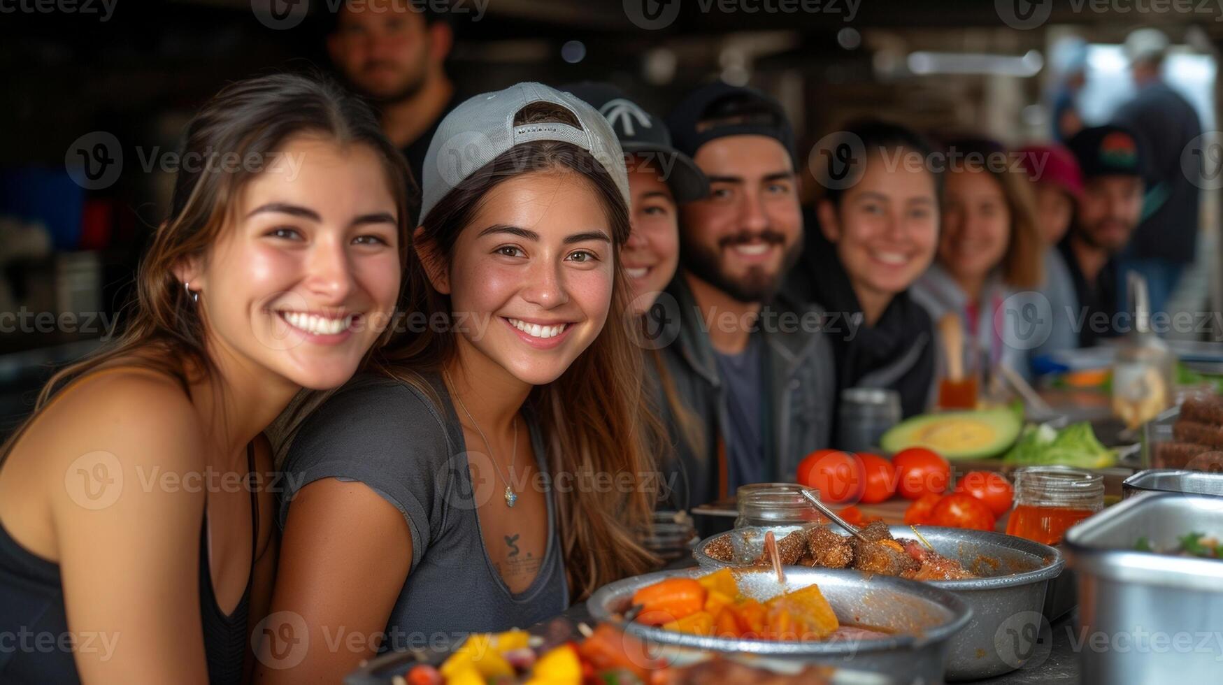 a grupo é todos sorrisos Como elas sentar baixa para apreciar a refeição elas preparado juntos durante a cozinhando oficina orgulhoso do seus conquistas foto