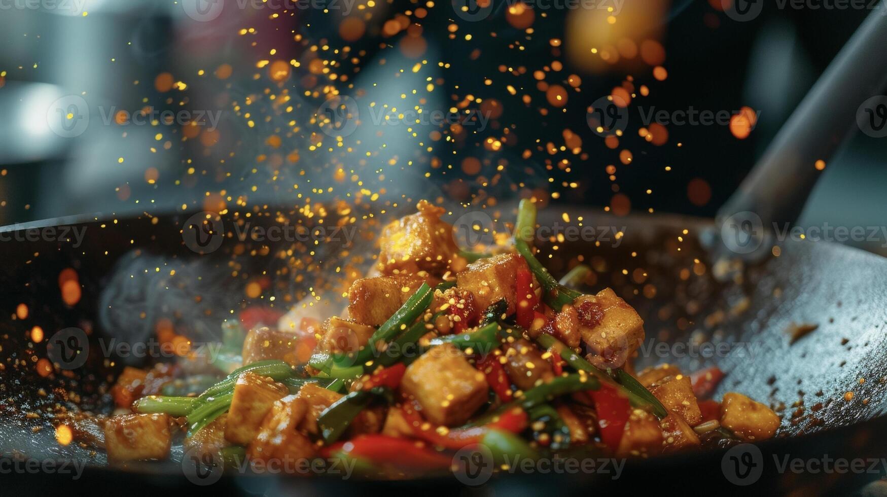 negrito sabores e chiando sons colidir dentro isto y tofu fritar com uma colorida matriz do legumes adicionando uma fresco e vibrante toque para a prato foto