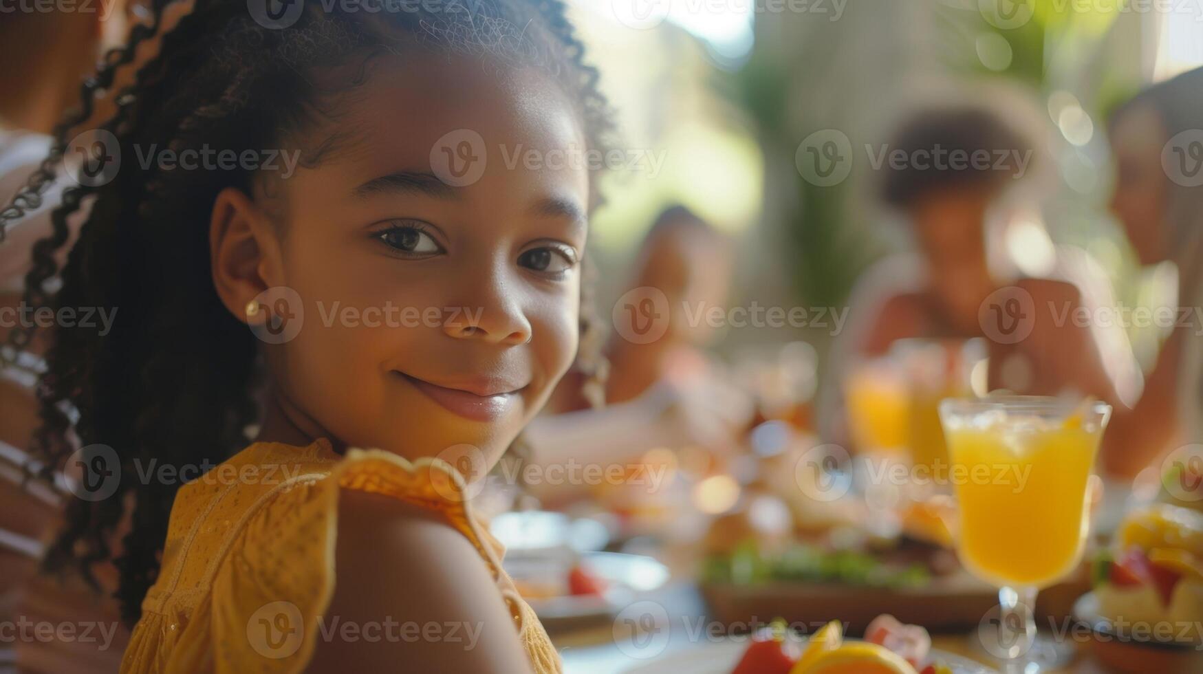 uma jovem menina alegremente goles em uma infusão de frutas espumante mocktail enquanto dela pais apreciar seus Escovar pratos e pegar acima em a semanas eventos foto