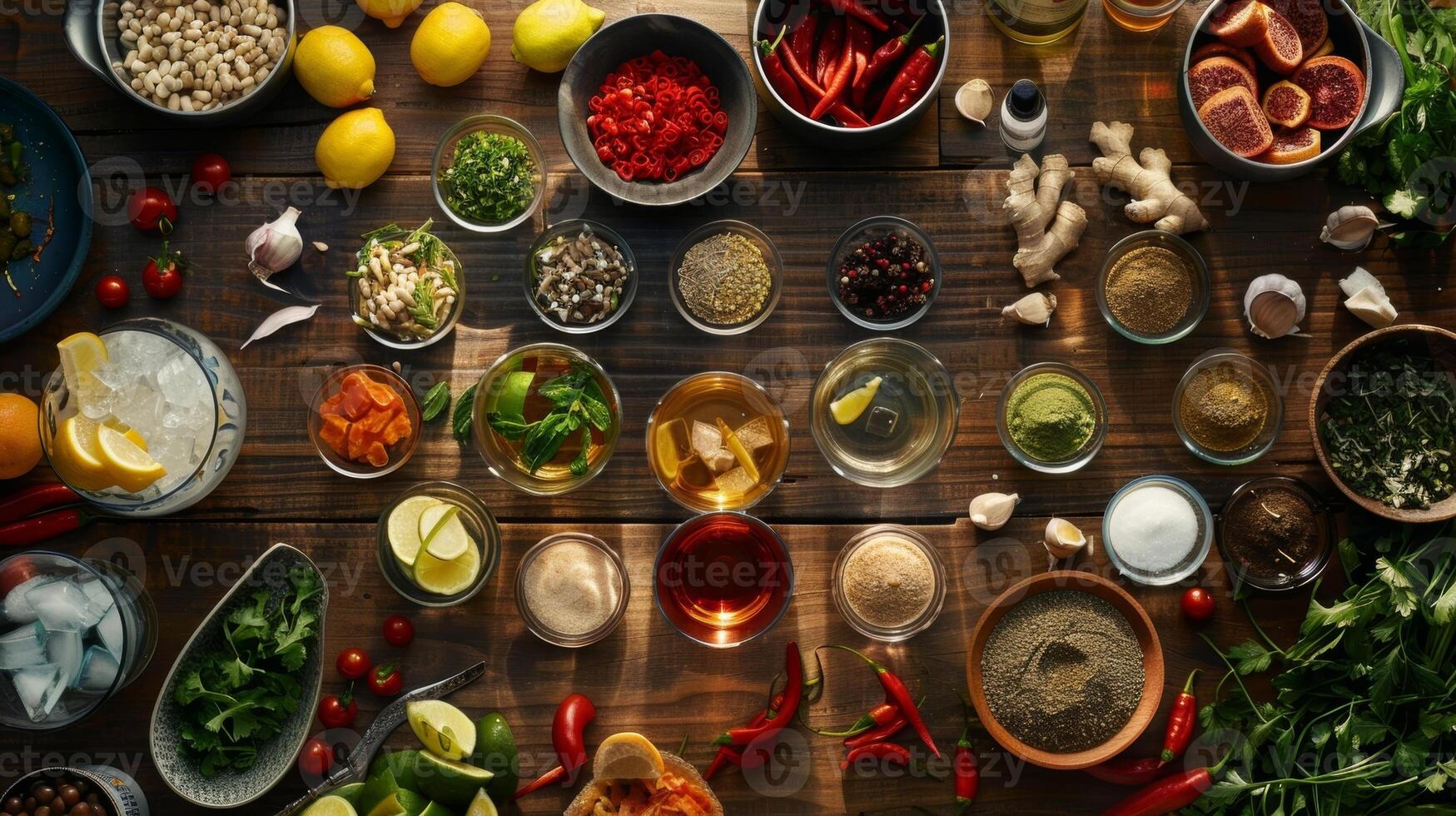 a sortimento do ingredientes e guarnições liderar Fora em uma mesa pronto para a mixologista para crio único mocktails foto