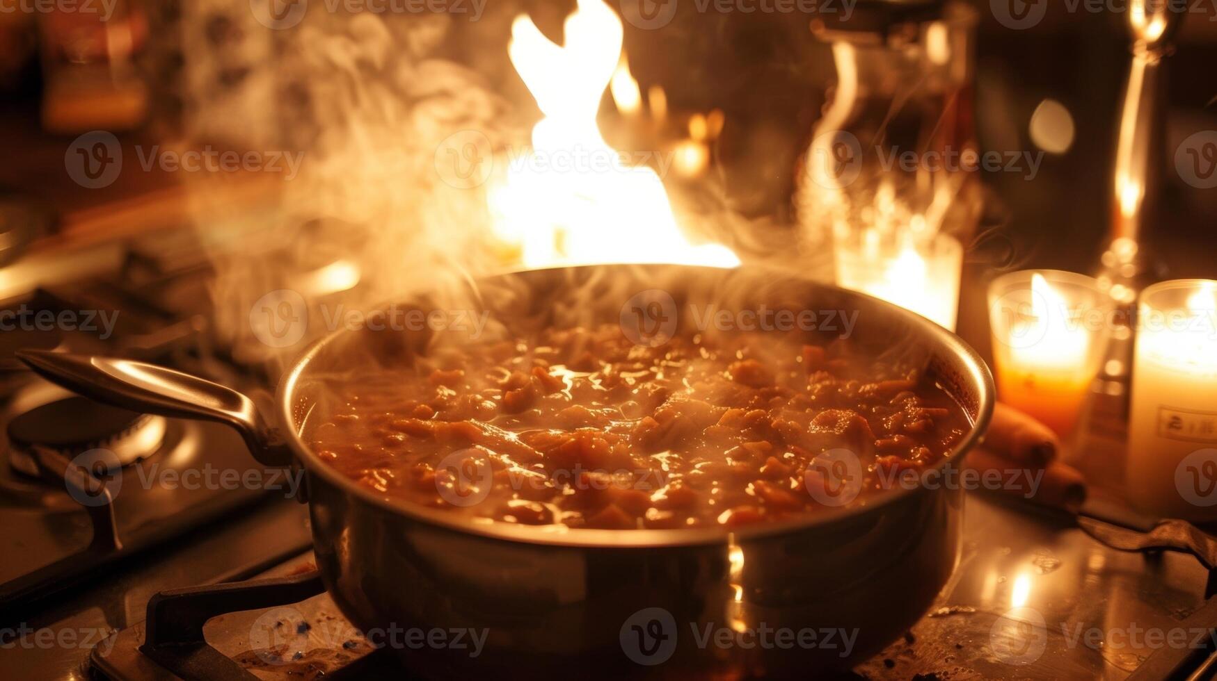 uma Panela do borbulhante sopa fervendo em a fogão Está vapor misturando-se com a tremeluzente luz do perto velas. 2d plano desenho animado foto