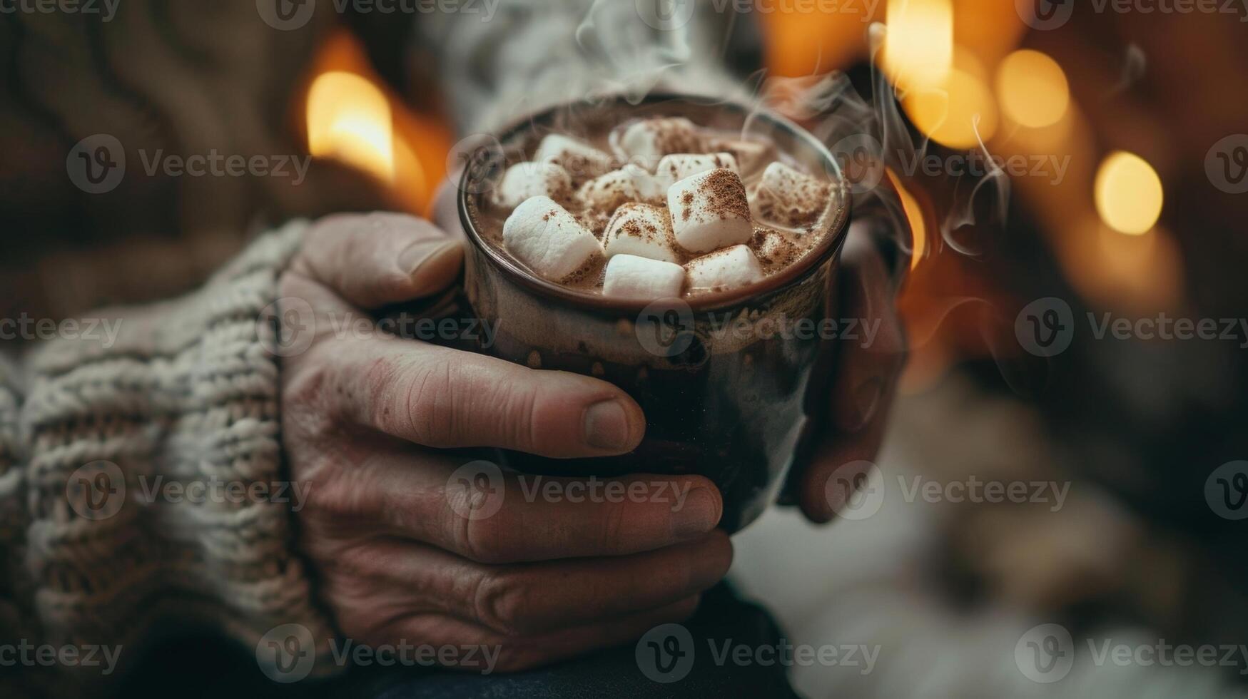 uma homem indulgente dentro uma quente copo do cacau coberto com marshmallows e uma borrifar do canela Como ele ventos baixa para a tarde foto