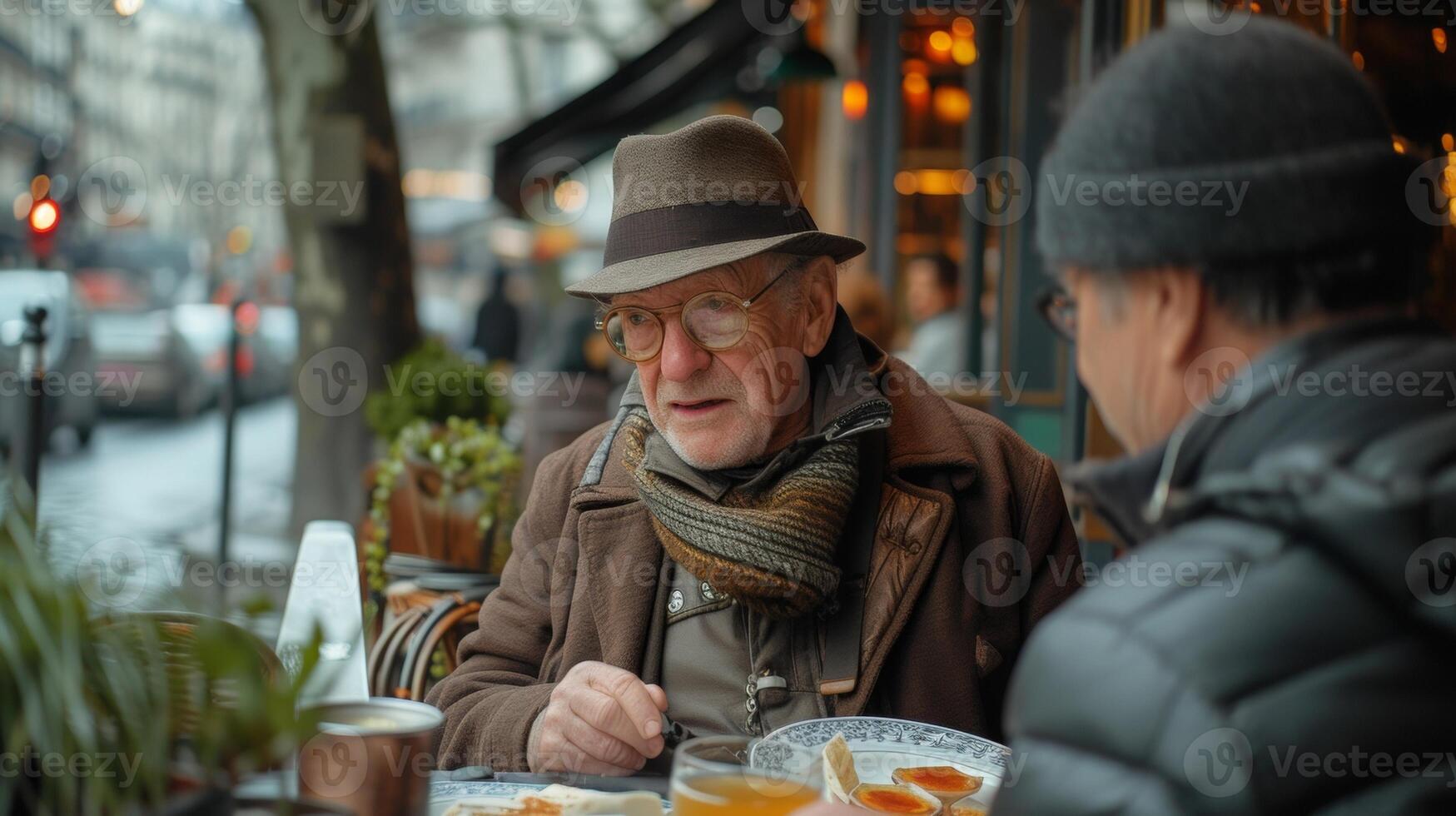 a Mais velho cavalheiro com confiança encomenda dentro francês às uma encantador bistro impressionante a garçom com dele pronúncia e fluência foto