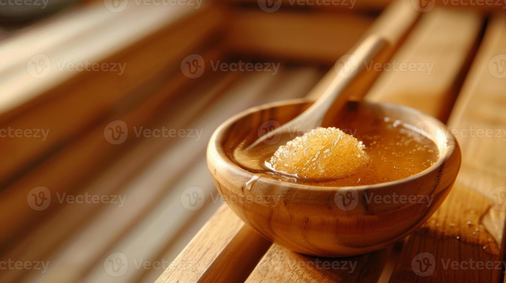 uma pequeno tigela do querida e açúcar sentado em uma Banco dentro a sauna pronto para estar usava Como uma natural face esfregar. foto