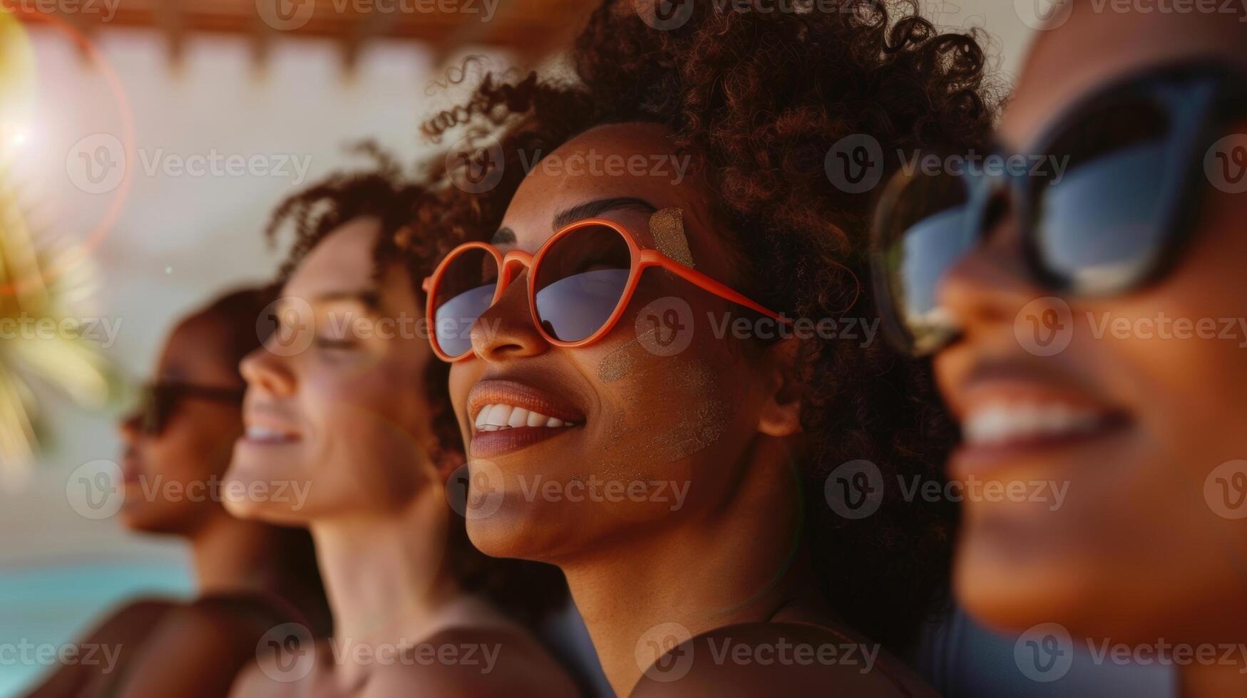 uma estoque foto do uma diverso grupo do pessoas todos sorridente e desfrutando a benefícios do infravermelho terapia para seus vários pele condições.