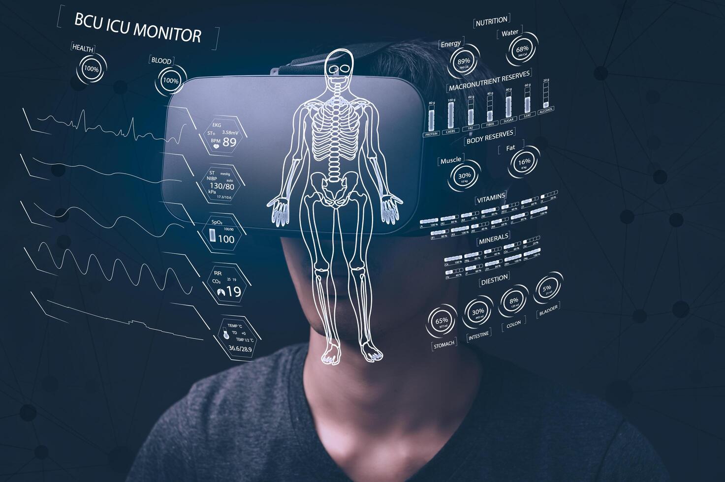 empresário usando óculos para verificar o gráfico de negócios vr óculos virtual global foto