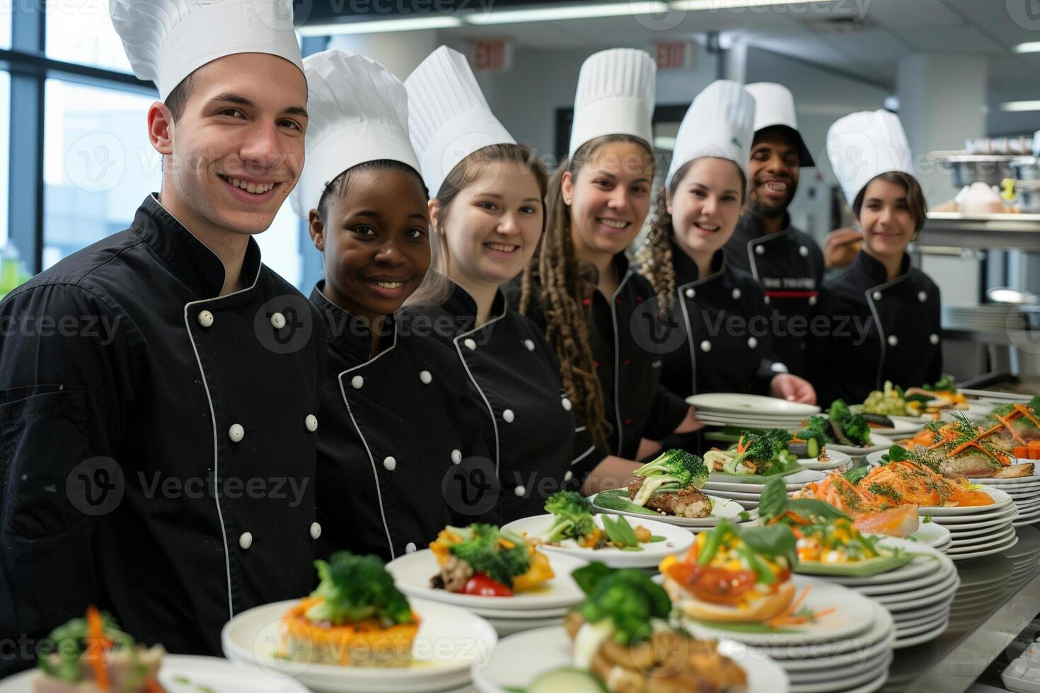 culinária escola graduação dia, alunos dentro chefe de cozinha uniformes apresentando seus final pratos para avaliação foto