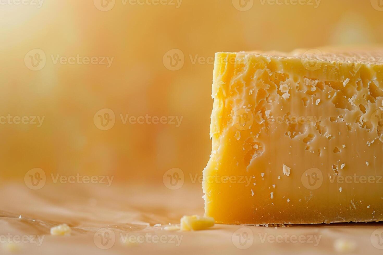 fechar acima do uma cunha do envelhecido queijo cheddar queijo em uma suave gradiente fundo em transição a partir de Sombrio para luz laranja, enfatizando textura foto