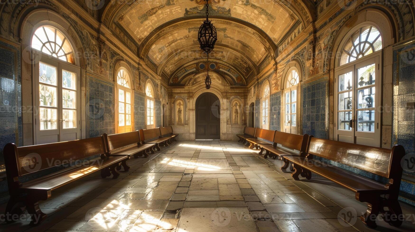 iluminado pelo sol histórico interior com arqueado tetos e lado a lado paredes dentro uma majestoso velho construção foto