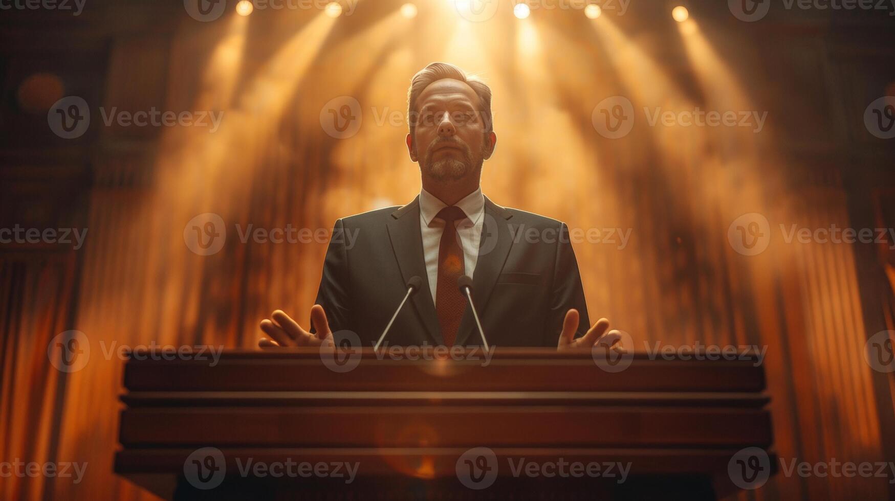 bem vestido homem entregando discurso às pódio dentro auditório foto