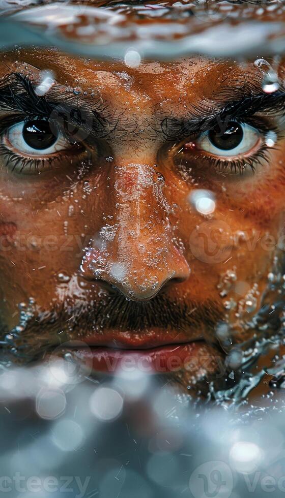 intenso foco nadador s olhos embaixo da agua retratar sereno determinação dentro verão Jogos Olímpicos esporte cena foto