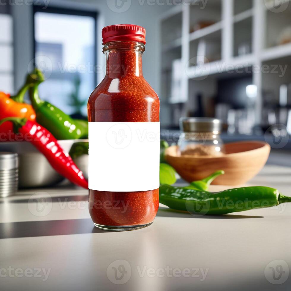 uma garrafa do ketchup senta em uma cozinha contador foto