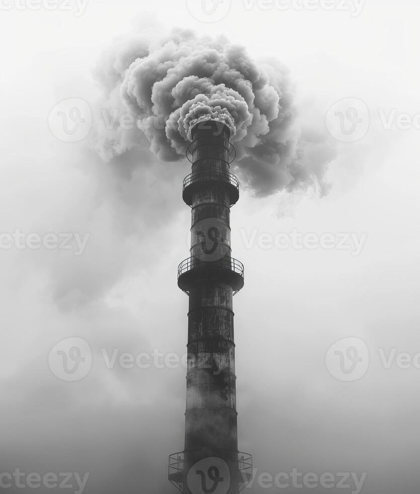 lá é fumaça chegando a partir de uma alta velho fábrica chaminé. de Meio Ambiente contaminação. Preto e branco tiroteio foto