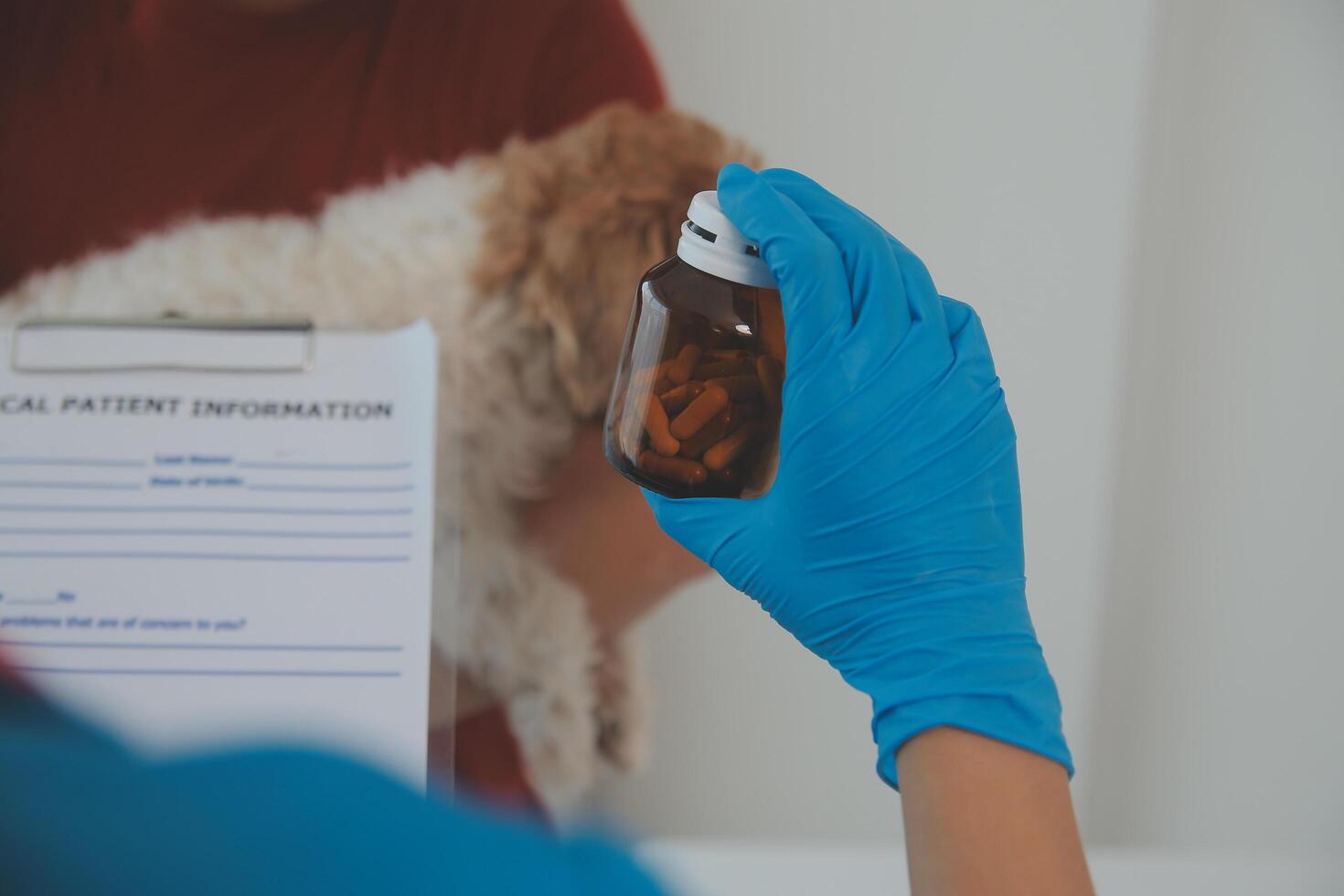 fechar-se tiro do veterinário mãos verificação cachorro de estetoscópio dentro veterinario clínica foto