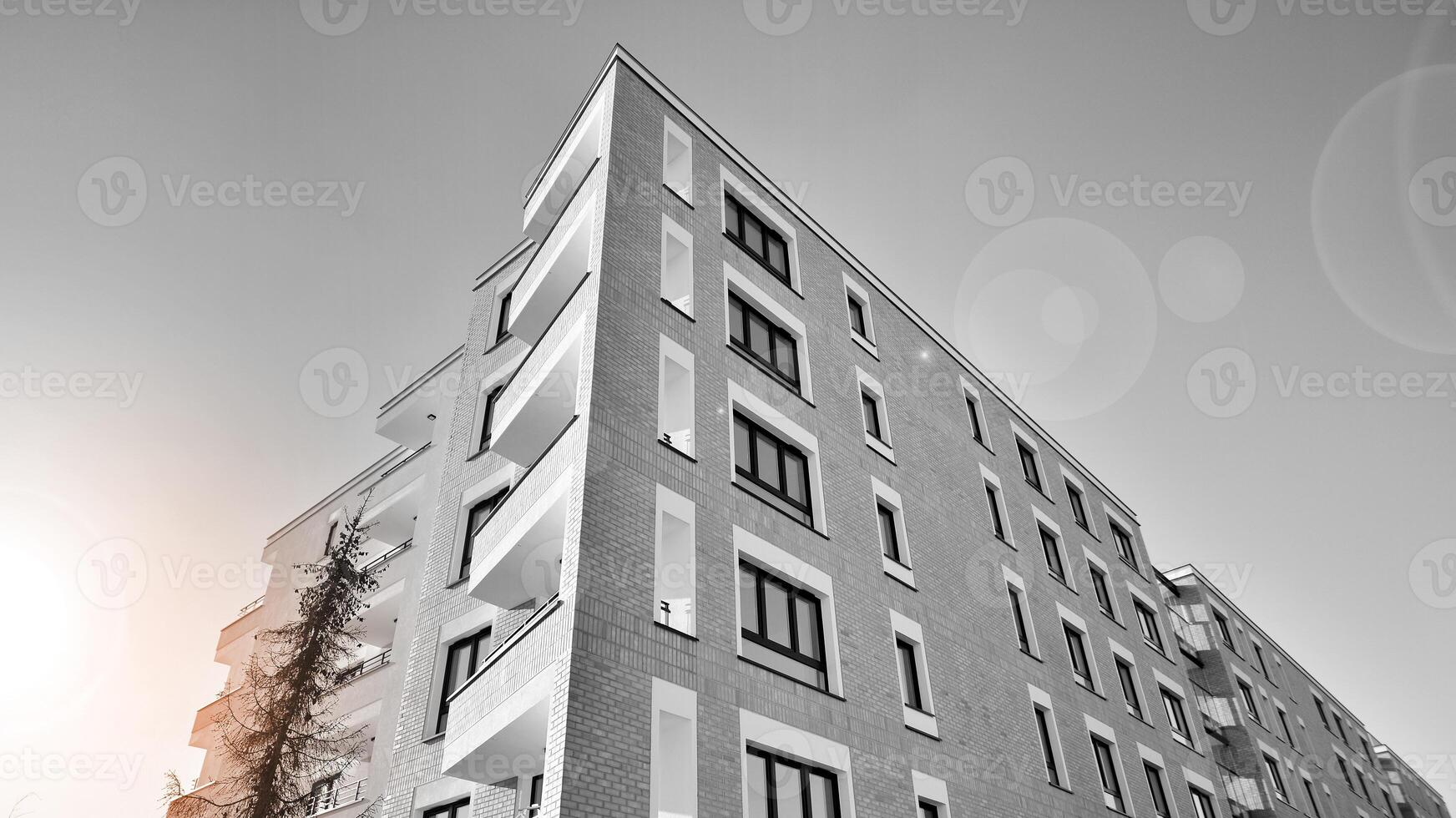 fragmento do uma fachada do uma construção com janelas e varandas. moderno apartamento edifícios em uma ensolarado dia. fachada do uma moderno apartamento prédio. Preto e branco. foto