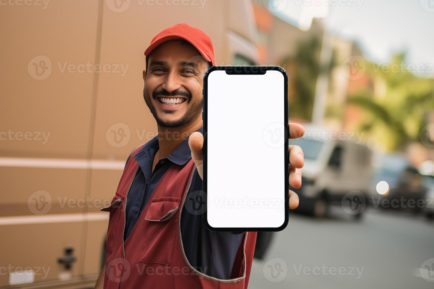 Entrega homem mostrando em branco branco tela Smartphone em rua fundo foto