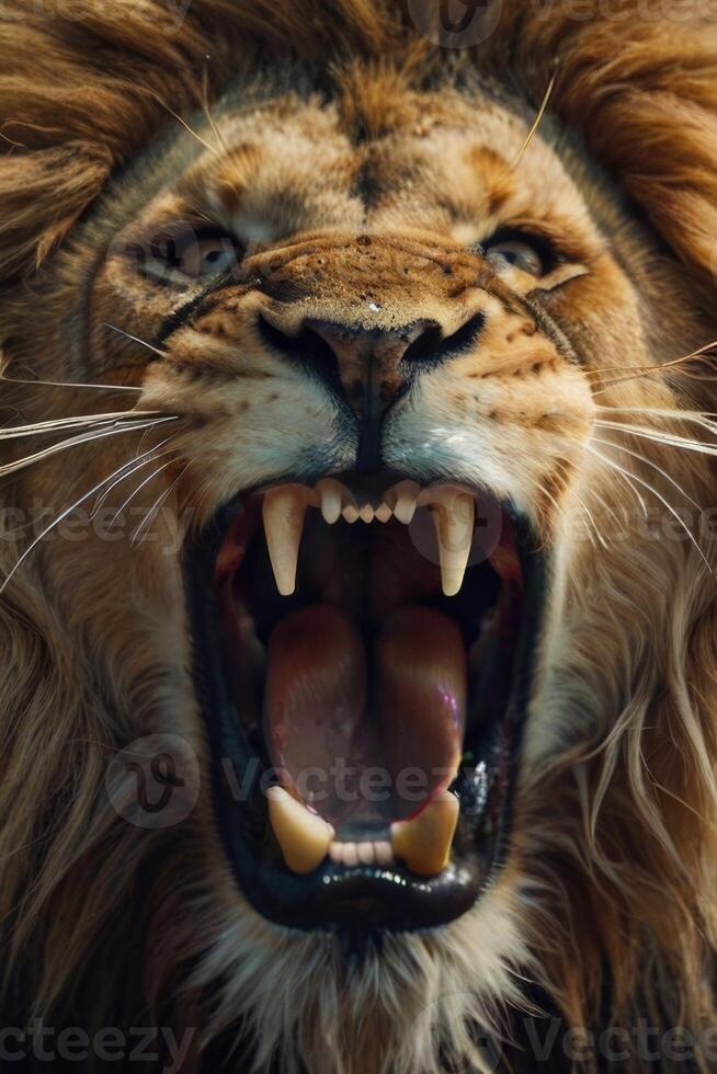 uma leão rugindo com Está boca aberto foto