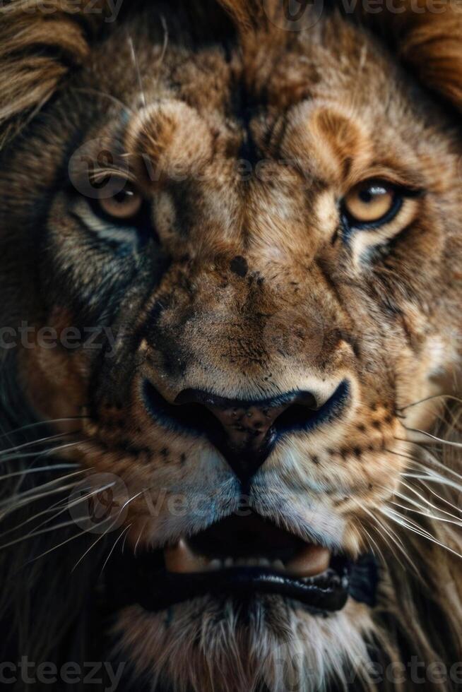 uma fechar acima do uma leão face foto
