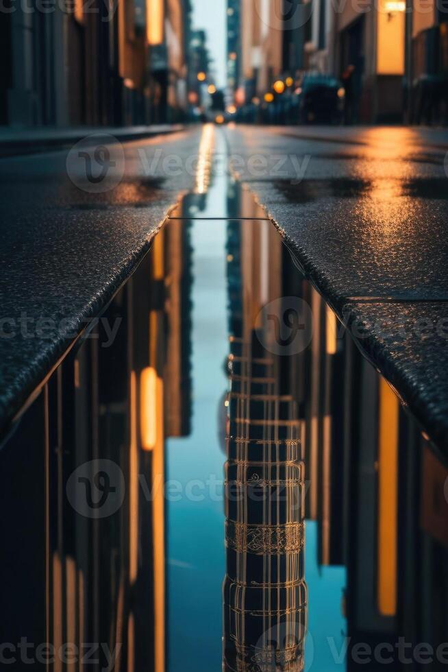 uma rua às noite com luzes e reflexões foto