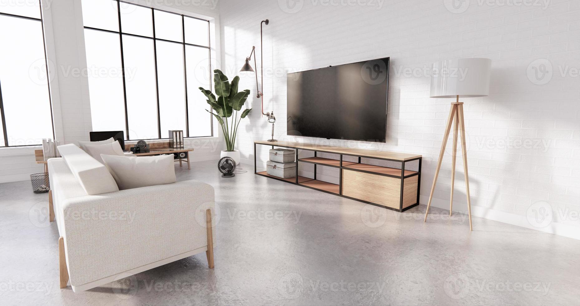 smart tv no gabinete na sala de estar estilo loft com parede de tijolos brancos no piso de madeira e sofá poltrona. Renderização 3D foto