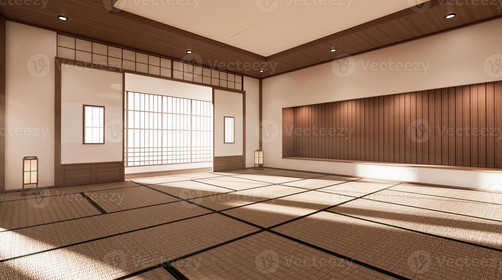 a sala é espaçosa, com design de estilo japonês e luz em tons naturais. Renderização 3d foto