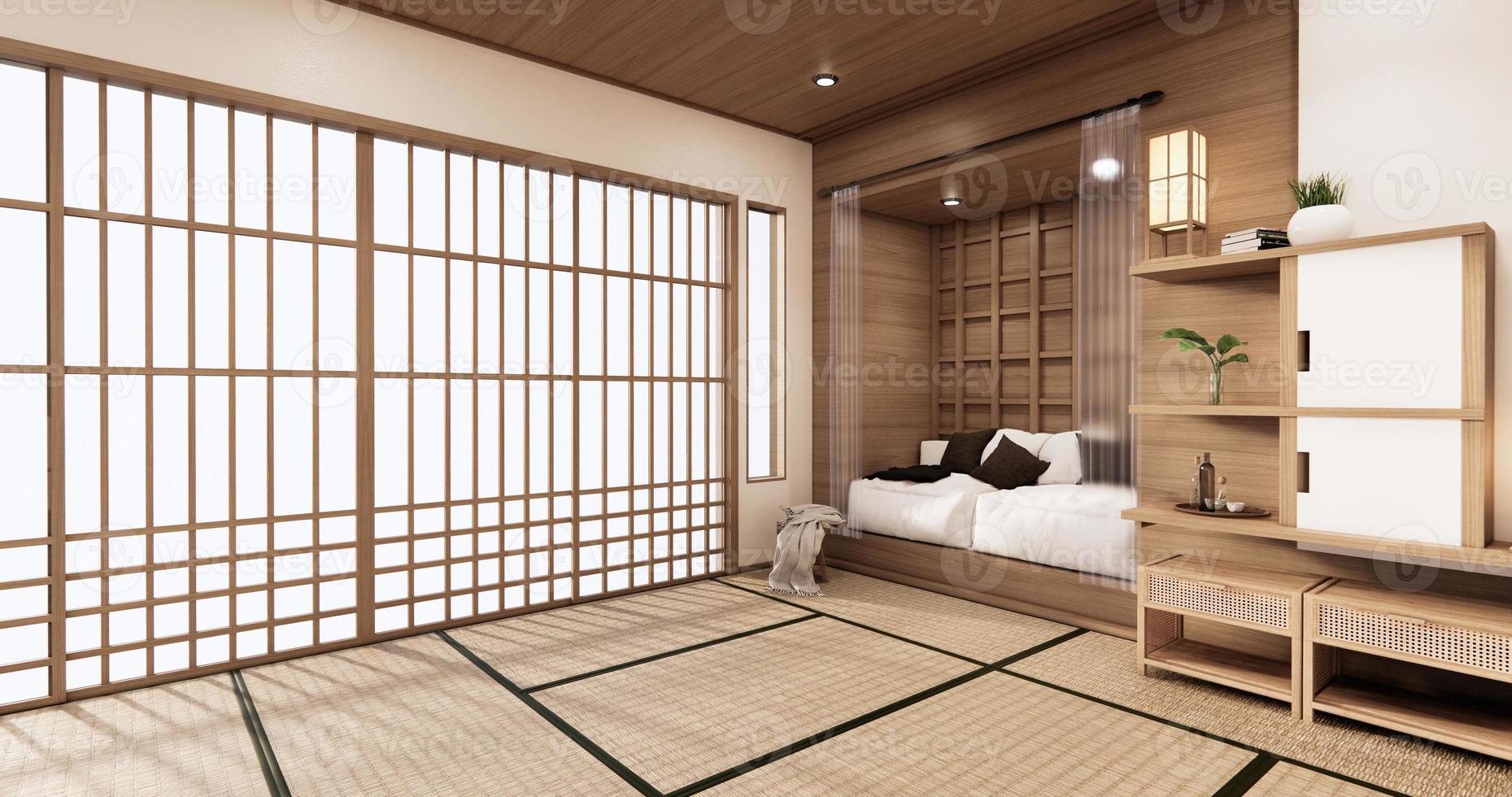 sofá branco japonês no quarto tropical desing e tapete de tatame. Renderização 3D foto