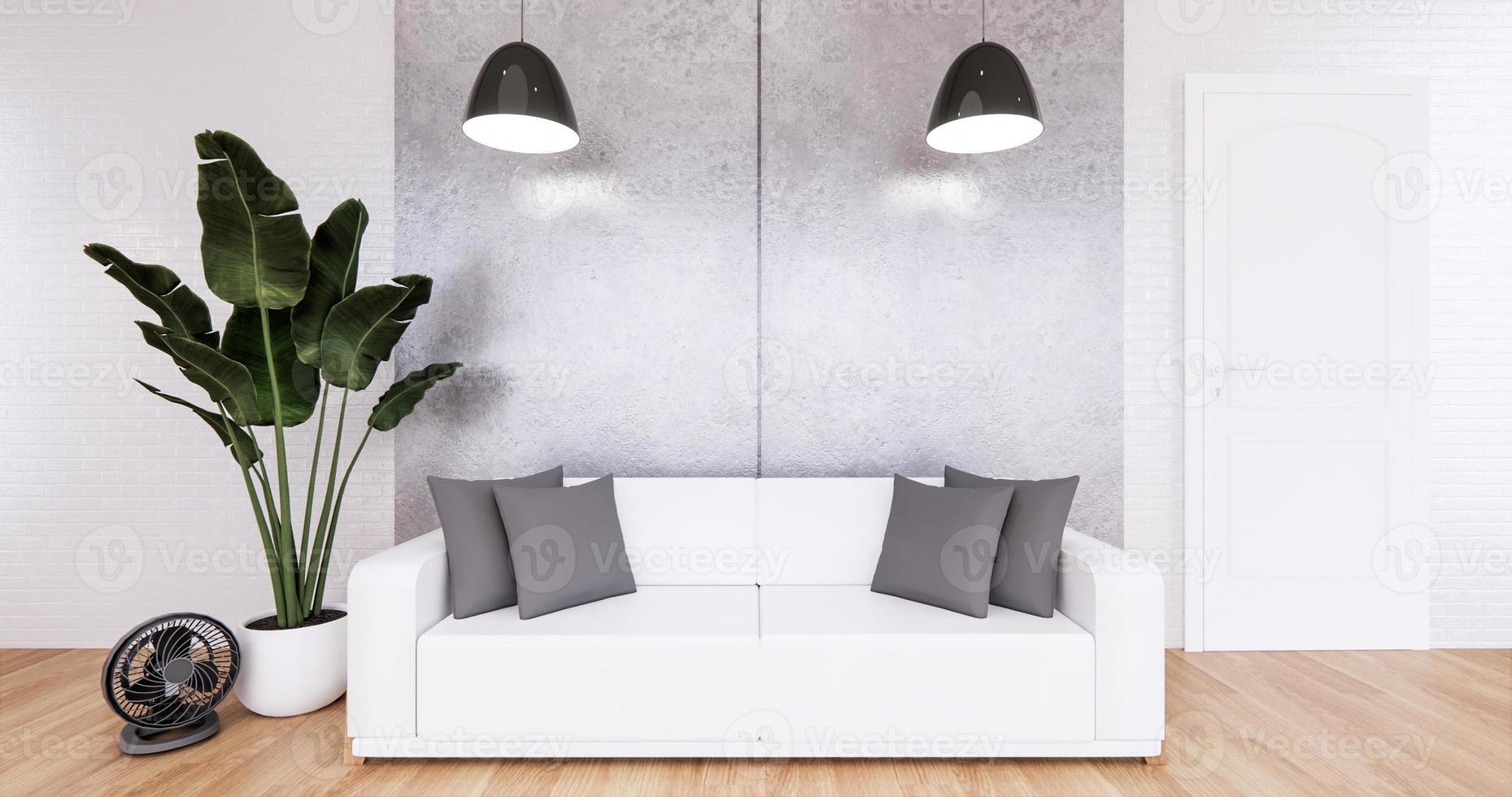 sala loft com sofá e decoração de plantas em piso de madeira. Renderização 3D foto