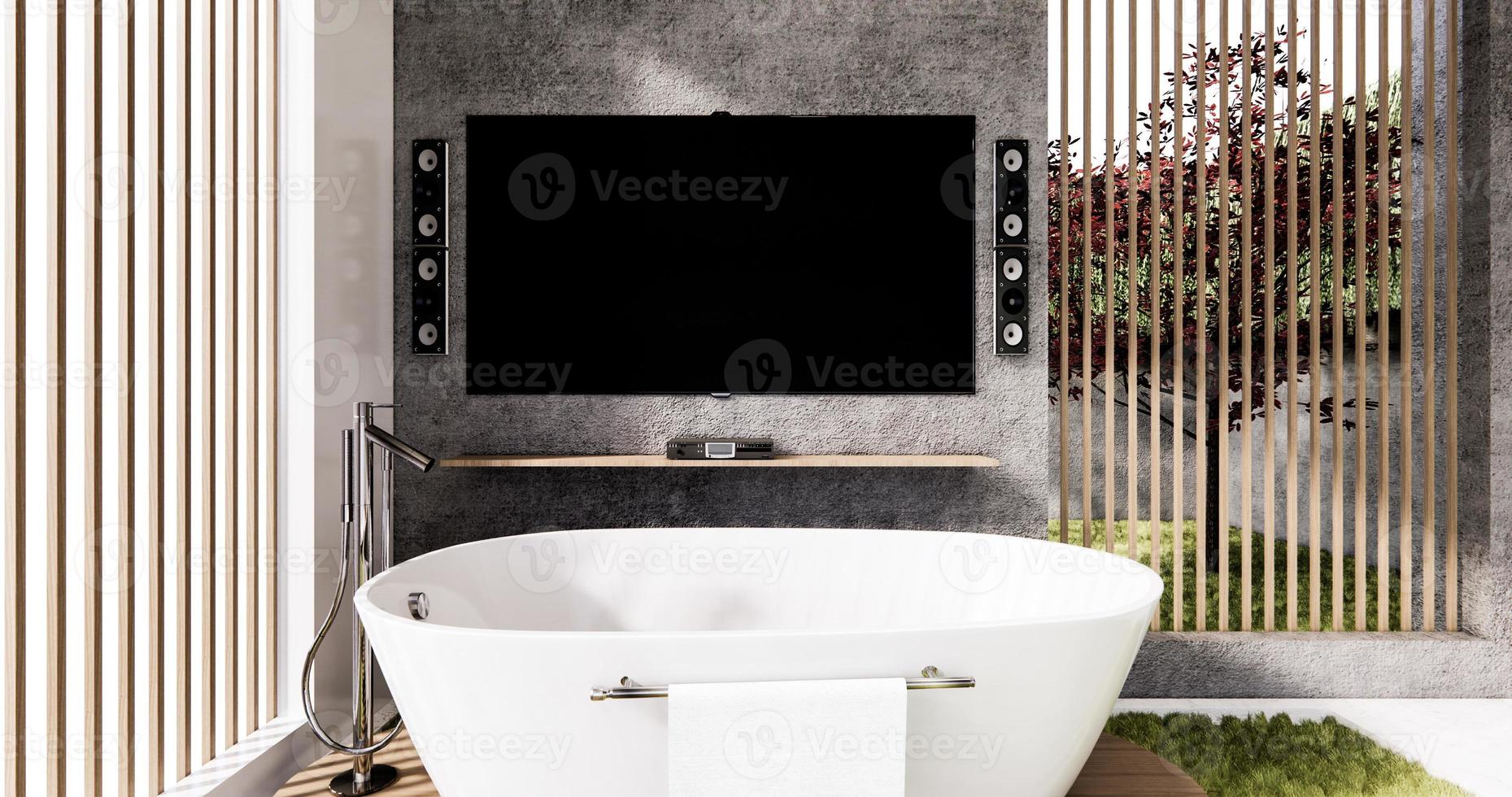 banheira e toalete no banheiro estilo zen com smart tv na parede design.3d rendering foto